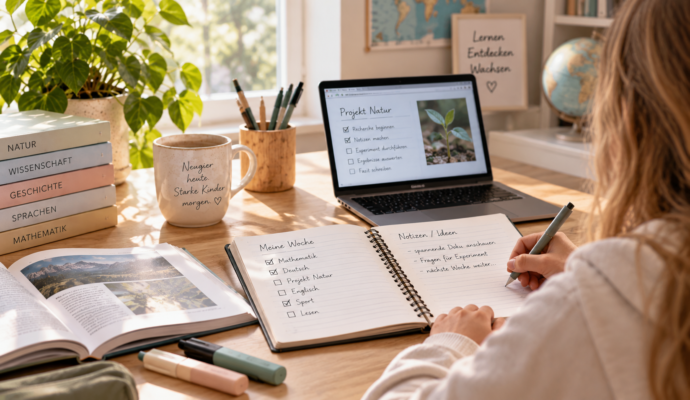 Homeschooling-Arbeitsplatz mit Wochenplan, Büchern und Laptop. Eine Schülerin arbeitet an ihrem Wochenplan und hält ihren Lernfortschritt fest.